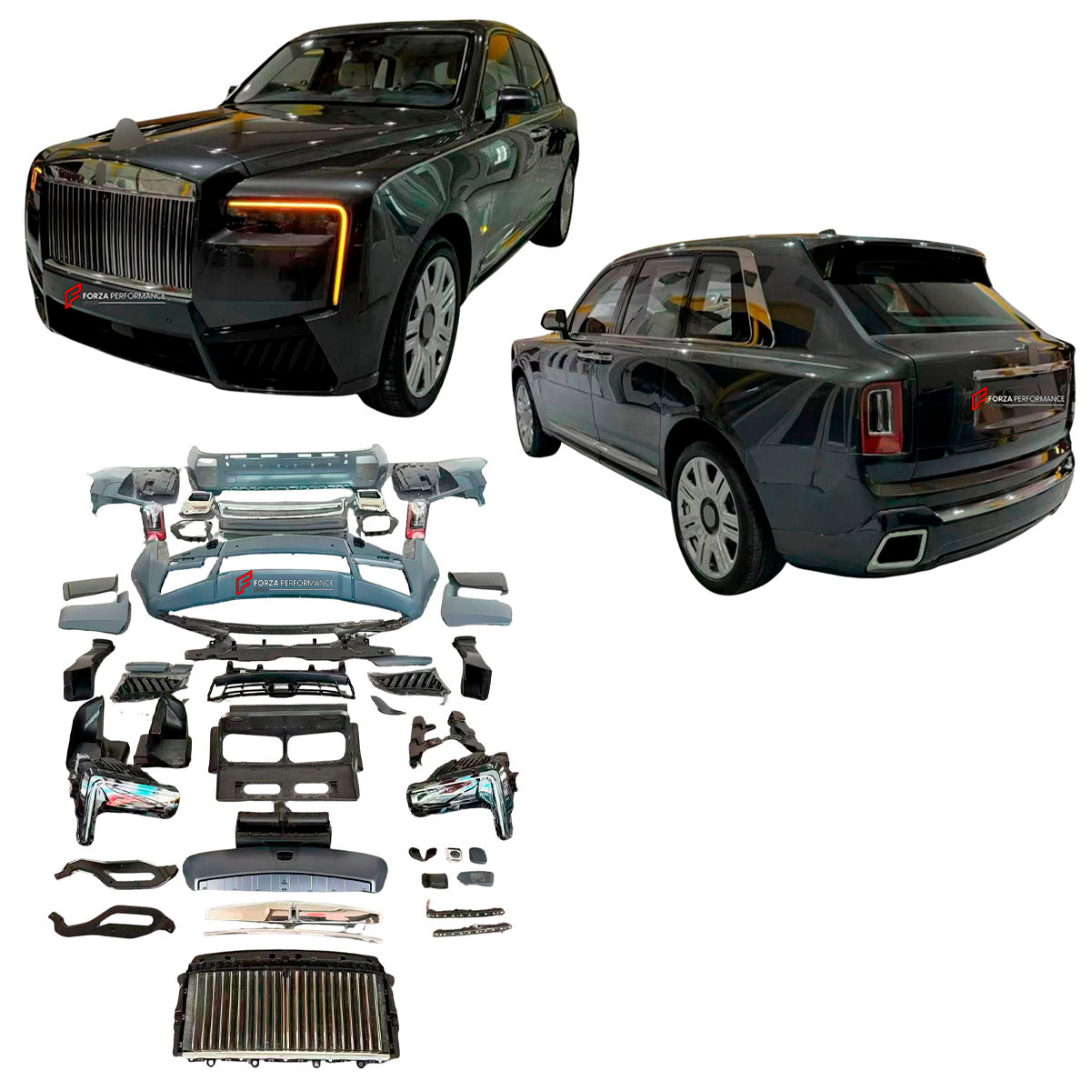 CONVERSION UPGRADE FACELIFT OLD TO NEW BODY KIT for Rolls Royce Cullinan Series I 2018 - 2024 to Cullinan Series II Facelift 2025+
Set includes:

Front Bumper Assembly
Front Grille
Front Headlights
Rear Bumper Assembly
Tail Lights
Exhaust Tips
Material: Plastic

NOTE: Professional installation is required.