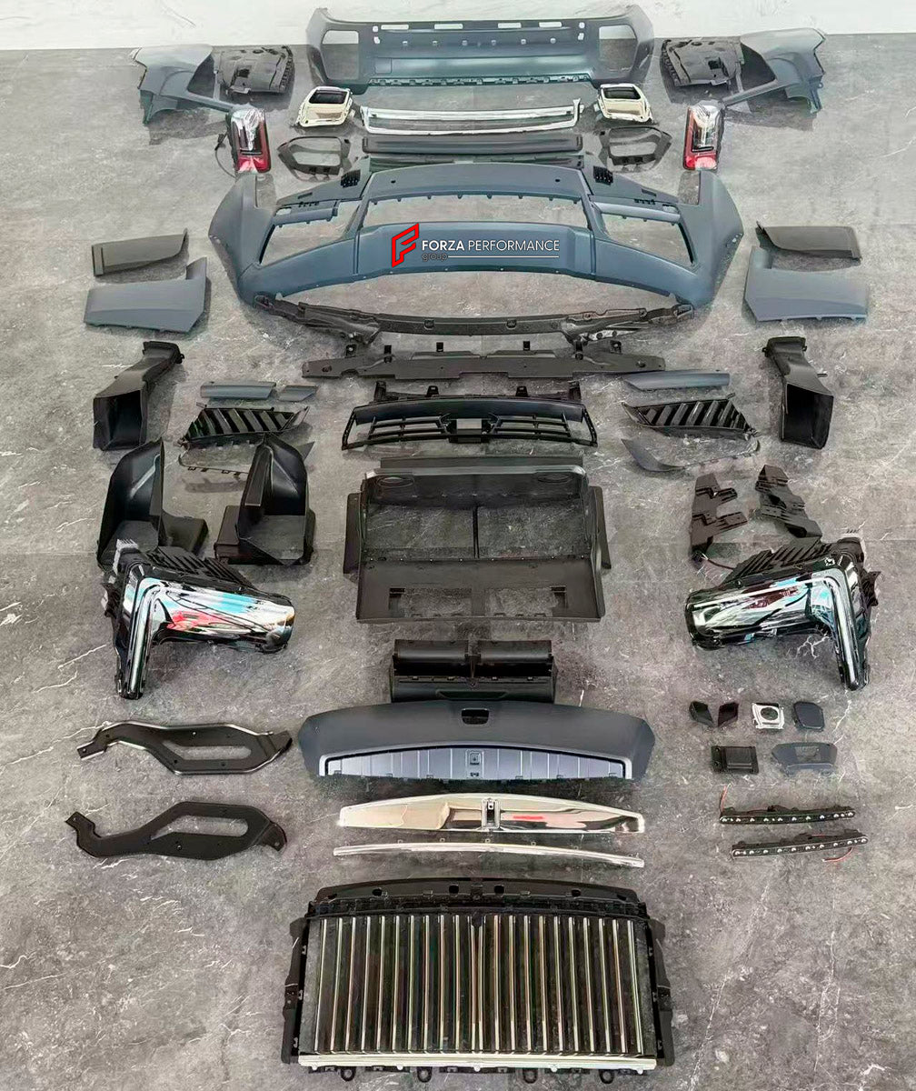 CONVERSION UPGRADE FACELIFT OLD TO NEW BODY KIT for Rolls Royce Cullinan Series I 2018 - 2024 to Cullinan Series II Facelift 2025+
Set includes:

Front Bumper Assembly
Front Grille
Front Headlights
Rear Bumper Assembly
Tail Lights
Exhaust Tips
Material: Plastic

NOTE: Professional installation is required.