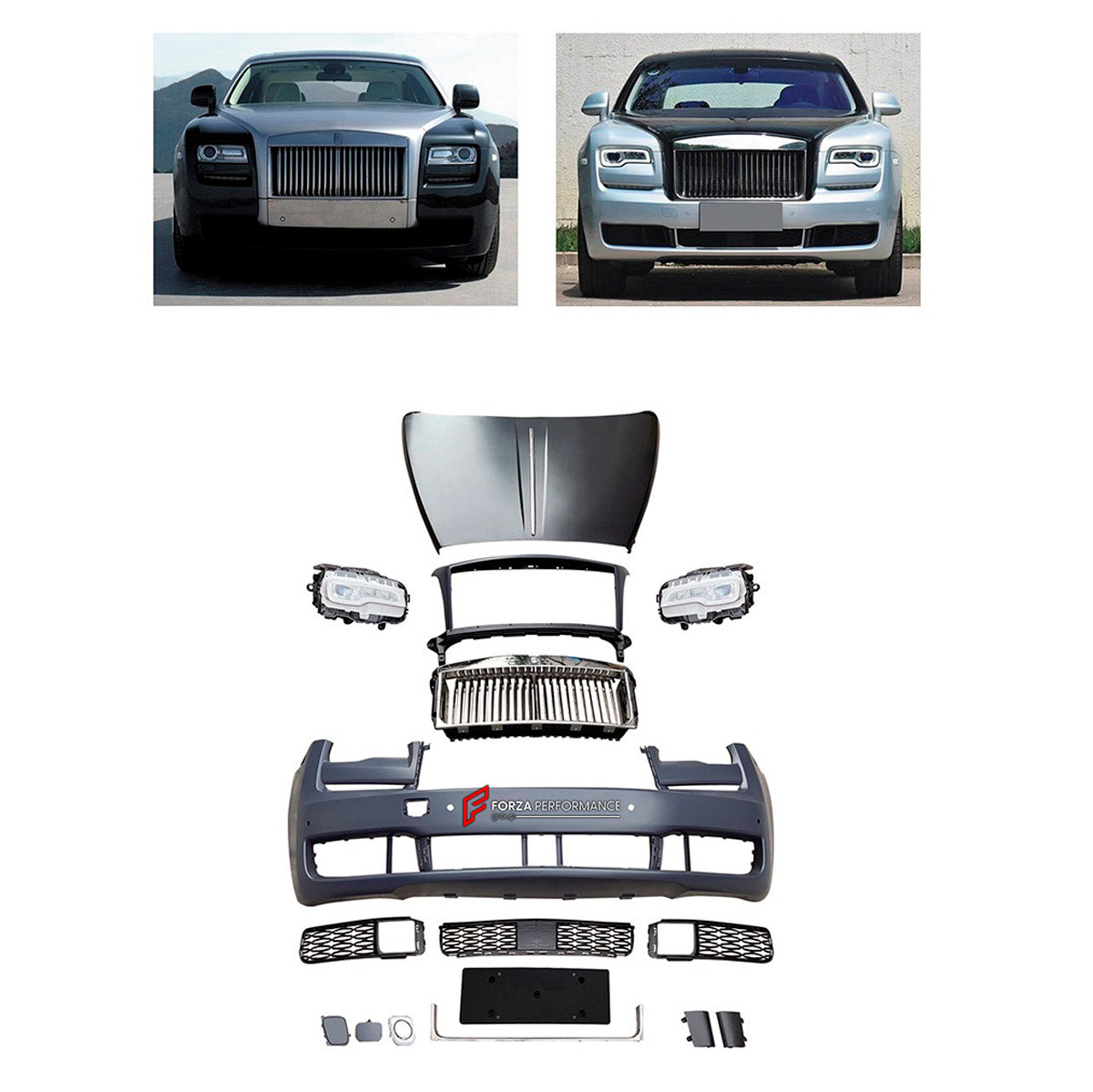 CONVERSION UPGRADE FACELIFT OLD TO NEW BODY KIT for Rolls-Royce Ghost 2010 - 2014 to Ghost 2020+
Set includes:

Front Bumper Assembly
Front Grille
License Plate
Hood Bonnet
Material: Plastic

NOTE: Professional installation is required.