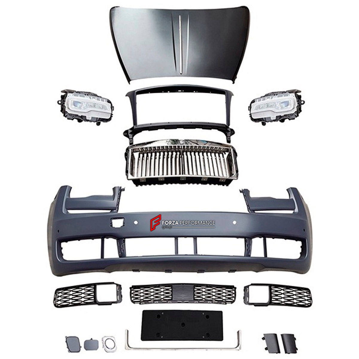 CONVERSION UPGRADE FACELIFT OLD TO NEW BODY KIT for Rolls-Royce Ghost 2010 - 2014 to Ghost 2020+
Set includes:

Front Bumper Assembly
Front Grille
License Plate
Hood Bonnet
Material: Plastic

NOTE: Professional installation is required.