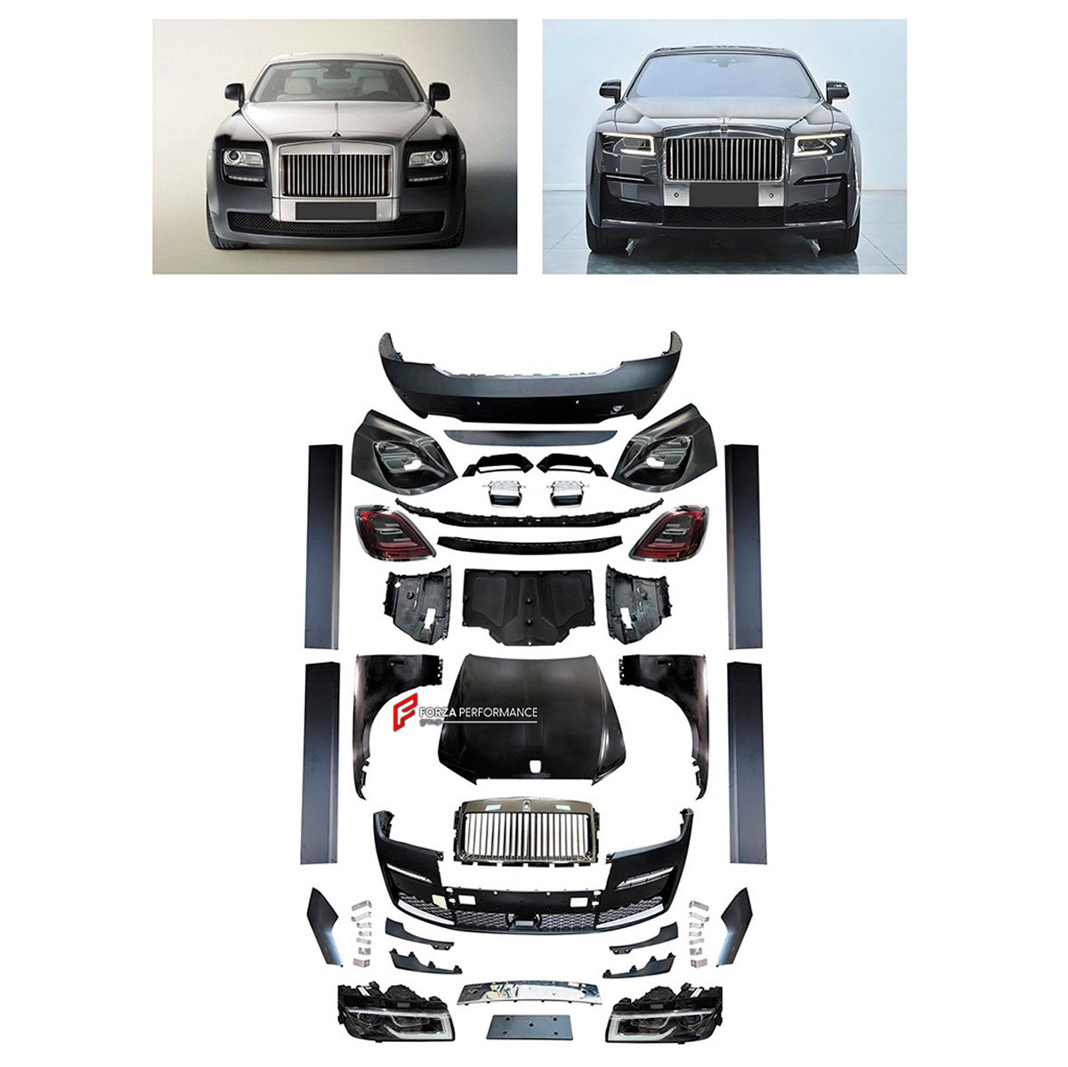 CONVERSION UPGRADE FACELIFT OLD TO NEW BODY KIT for Rolls-Royce Ghost 2010 - 2014 to Ghost 2024+
Set includes:

Front Bumper Assembly
Front Grille
License Plate
Hood Bonnet
Front Fenders
Side Skirts
Rear Bumper Assembly
Exhaust Tips
Material: Plastic

NOTE: Professional installation is required.