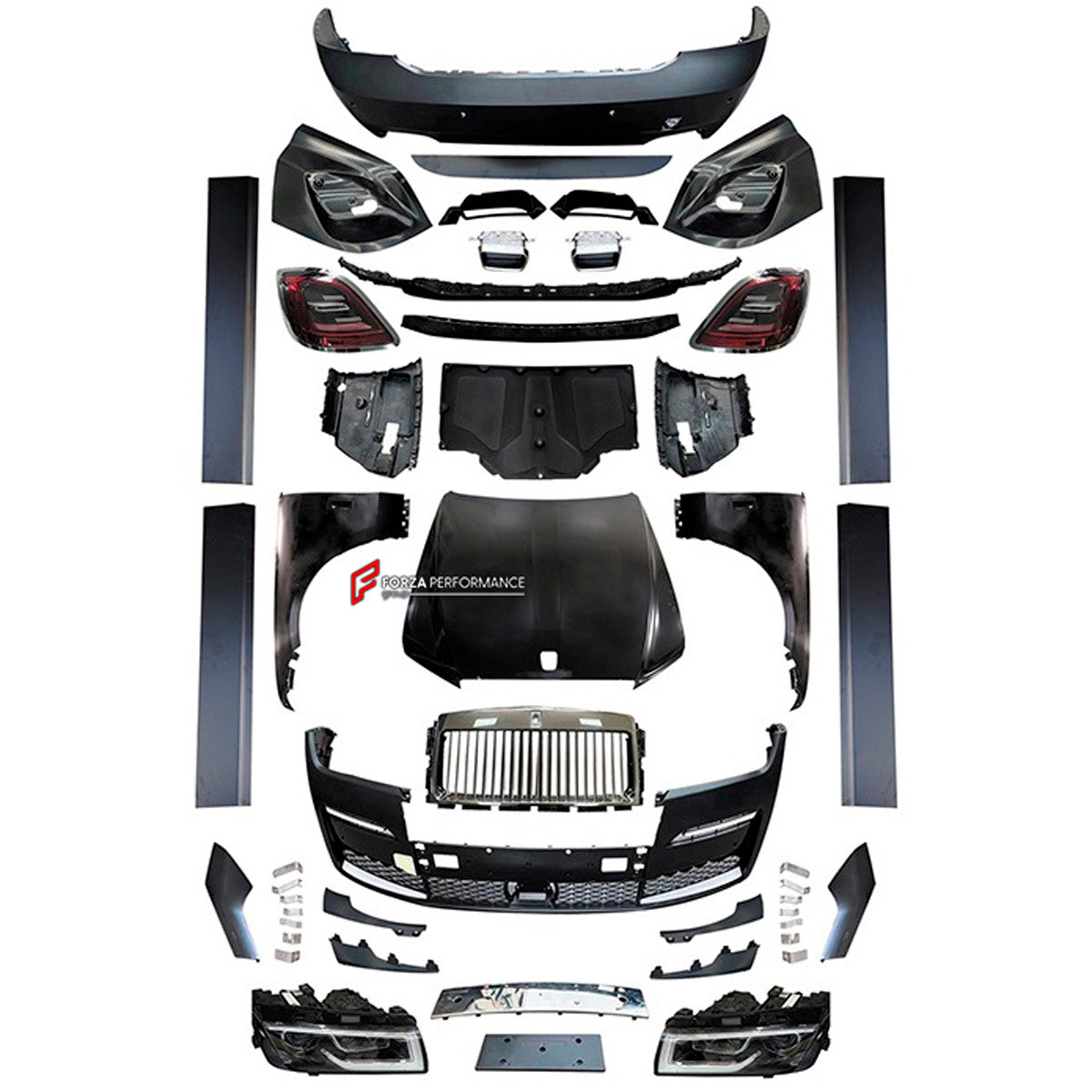 CONVERSION UPGRADE FACELIFT OLD TO NEW BODY KIT for Rolls-Royce Ghost 2010 - 2014 to Ghost 2024+
Set includes:

Front Bumper Assembly
Front Grille
License Plate
Hood Bonnet
Front Fenders
Side Skirts
Rear Bumper Assembly
Exhaust Tips
Material: Plastic

NOTE: Professional installation is required.