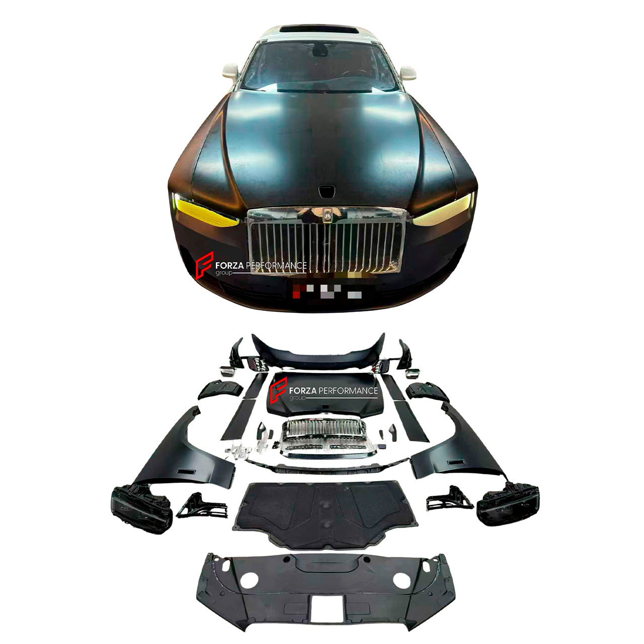 CONVERSION UPGRADE FACELIFT OLD TO NEW BODY KIT for Rolls-Royce Ghost 2010 - 2014 to Ghost 2025+
Set includes:

Front Bumper Assembly
Front Grille
License Plate
Hood Bonnet
Front Fenders
Side Skirts
Rear Bumper Assembly
Exhaust Tips
Material: Plastic

NOTE: Professional installation is required.