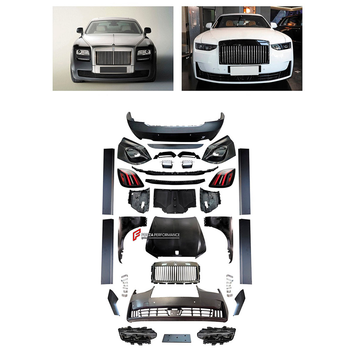 CONVERSION UPGRADE FACELIFT OLD TO NEW BODY KIT for Rolls-Royce Ghost 2010 - 2014 to Ghost 2025+
Set includes:

Front Bumper Assembly
Front Grille
License Plate
Hood Bonnet
Front Fenders
Side Skirts
Rear Bumper Assembly
Exhaust Tips
Material: Plastic

NOTE: Professional installation is required.