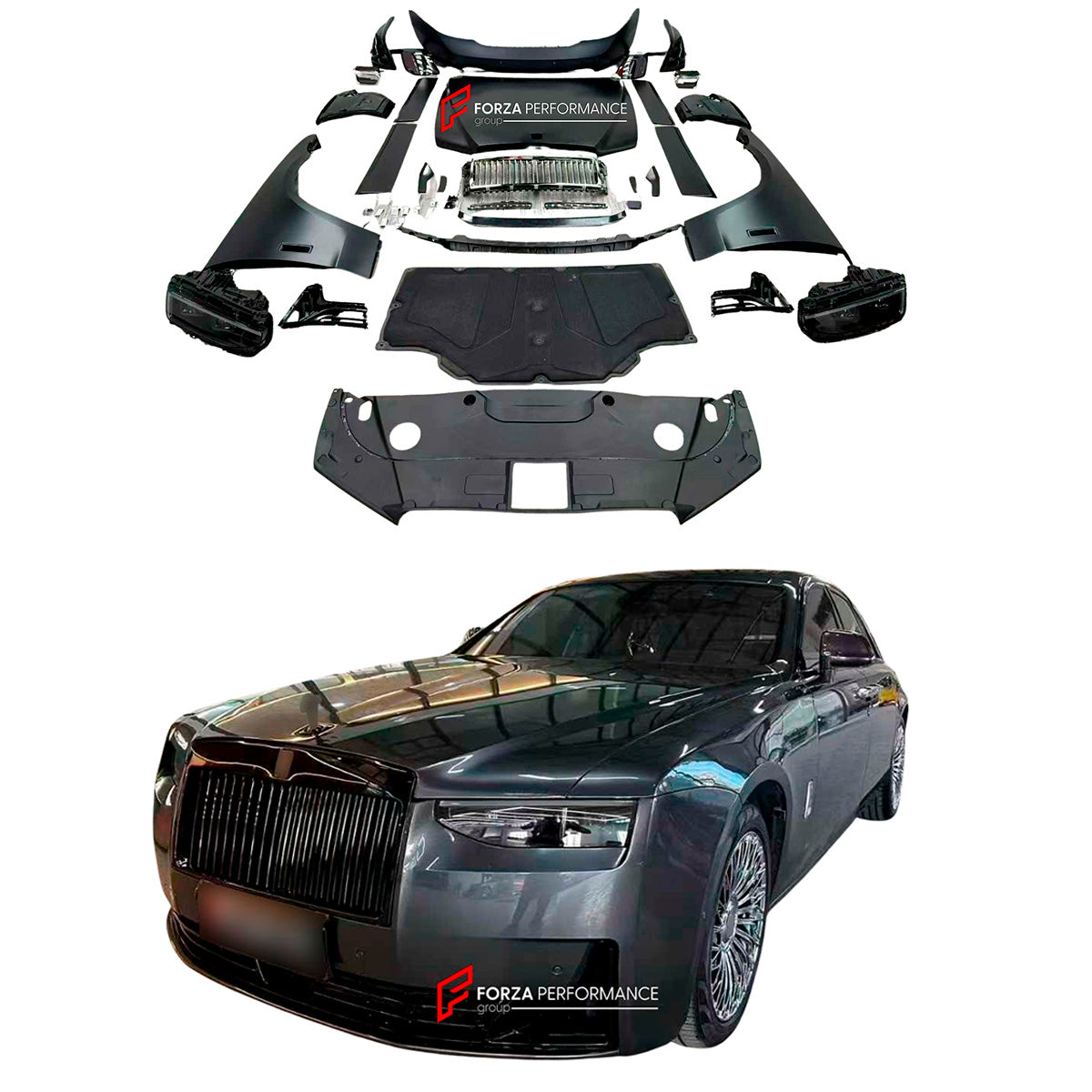 CONVERSION BODY KIT for ROLLS ROYCE GHOST 2010 - 2019 UPGRADE to 2025+

Set includes:

Front Bumper Assembly
Headlights
Front Grille
Hood Bonnet
Side Fenders
Side Skirts
Tail Lights
Rear Bumper Assembly

Exhaust Tips

Material: Plastic

NOTE: Professional installation is required.