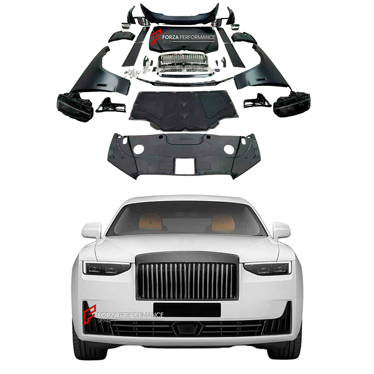 CONVERSION BODY KIT for ROLLS ROYCE GHOST 2010 - 2019 UPGRADE to 2025+

Set includes:

Front Bumper Assembly
Headlights
Front Grille
Hood Bonnet
Side Fenders
Side Skirts
Tail Lights
Rear Bumper Assembly

Exhaust Tips

Material: Plastic

NOTE: Professional installation is required.&nbsp;