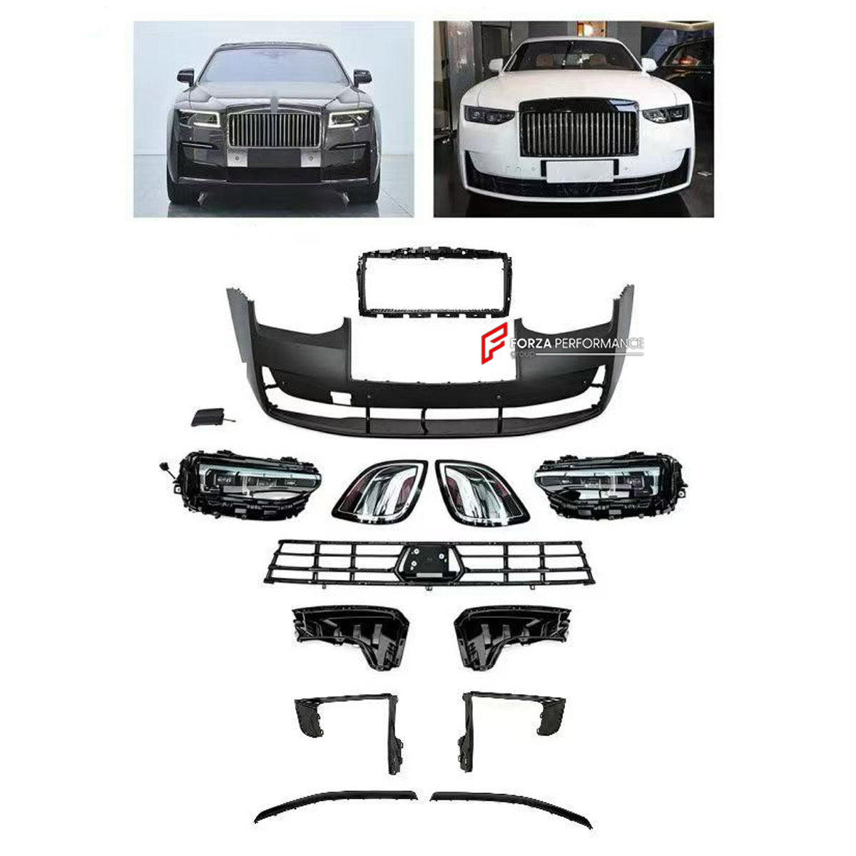 CONVERSION BODY KIT for ROLLS-ROYCE GHOST II RR21 2020 - 2024 UPGRADE to GHOST RR21 FACELIFT 2025+

Set includes:
Front Lip
Front Bumper Assembly
Front Grille
Headlights

Material: Plastic

NOTE: Professional installation is required.