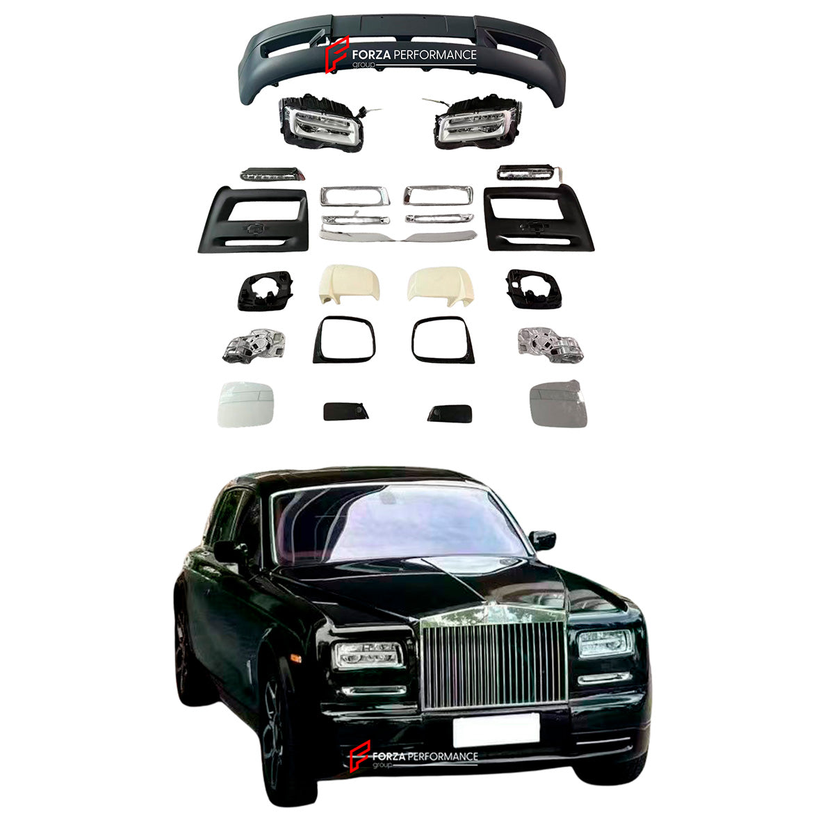 CONVERSION FACELIFT BODY KIT for ROLLS ROYCE PHANTOM 2004-2012 6th Gen to 2012-2017 7th Gen

Set includes:

Front Bumper
Headlights
Turn Signals
Side Mirrors
Silver Trims for Bumper
Headlight Masks

Material: Plastic

NOTE: Professional installation is required, need to cut front fenders and put headlights masks