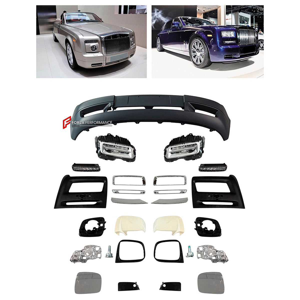 CONVERSION UPGRADE FACELIFT OLD TO NEW BODY KIT for Rolls-Royce Phantom 2006 - 2012 to Phantom 2017+
Set includes:

Front Bumper Assembly
Side Mirror Covers
Material: Plastic

NOTE: Professional installation is required.