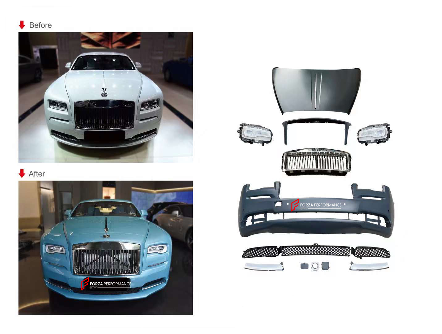 CONVERSION BODY KIT for ROLLS-ROYCE WRAITH 2013 - 2018 to 2019+

Set includes:

Front Bumper
Front Grille
Front Bumper Air Vents
Headlights
Hood

Material: Plastic

NOTE: Professional installation is required. If you have a night vision camera on the front grille, you need to trim the front grille to fit the radar.

Contact us for pricing.

Why “Contact Us for Pricing”?

We don’t display fixed prices because our goal is to offer you the most competitive deal possible. Product costs often decrease over time,