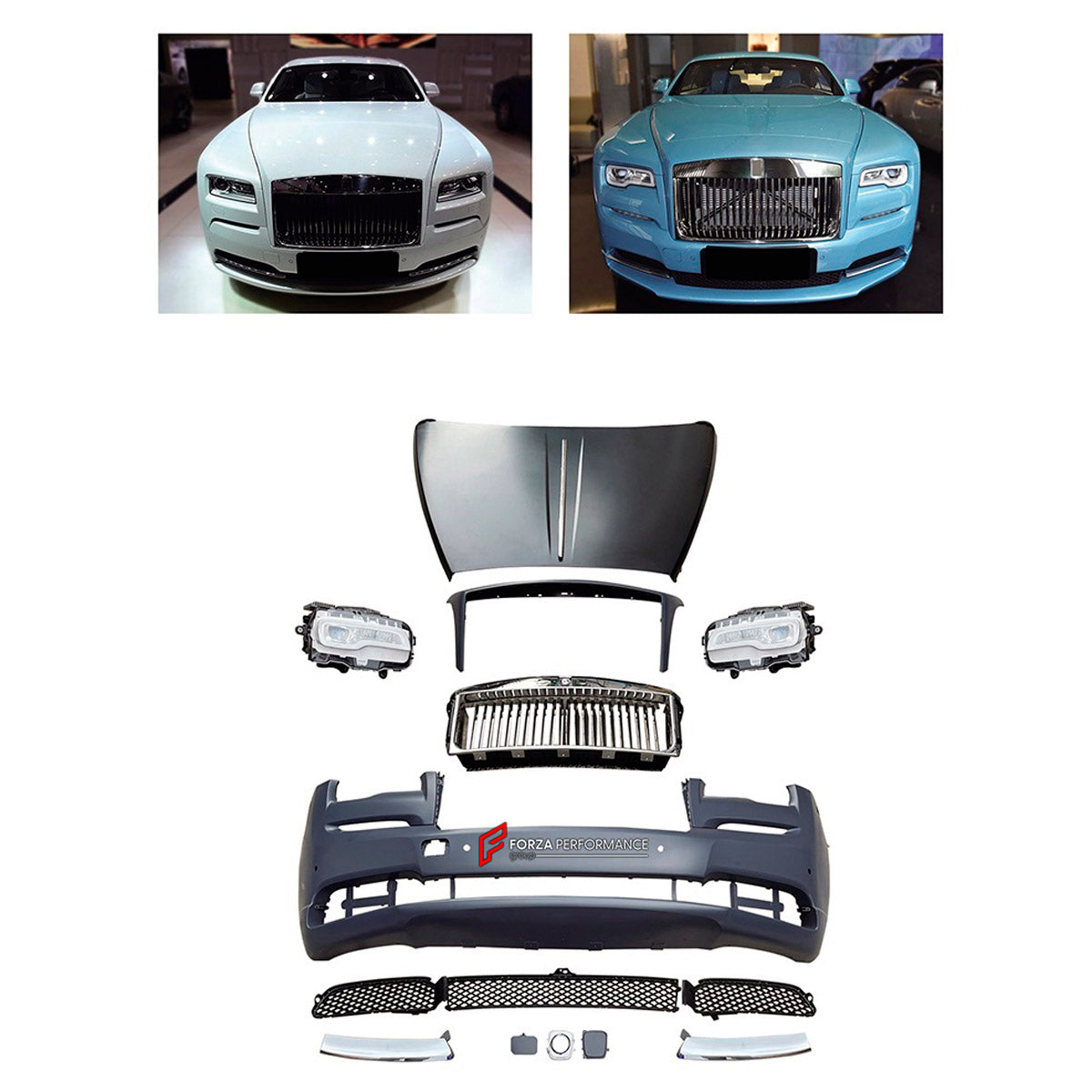 CONVERSION UPGRADE FACELIFT OLD TO NEW BODY KIT for Rolls-Royce Wraith 2015 - 2017 to Wraith 2021+
Set includes:

Front Bumper Assembly
Front Grille
Hood Bonnet
Material: Plastic

NOTE: Professional installation is required.