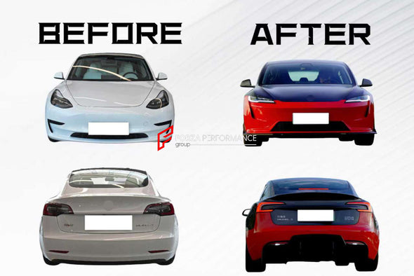 CONVERSION BODY KIT for TESLA MODEL 3 2017 - 2023 to MODEL 3 FACELIFT 2023+



Set includes:

Front Lip
Front Bumper Assembly
Front Trunk Cover
Front Trunk
Front Fenders
Hood / Bonnet
Headlights
Tail Lights
Rear Bumper
Rear Diffuser

Material: Plastic

Note: Professional installation is required.