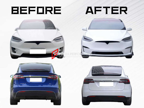 CONVERSION BODY KIT for TESLA MODEL X 2015 - 2021 to MODEL X FACELIFT 2021+

Set includes:

Front Lip

Front Bumper Assembly
Headlights
Rear Diffuser

Material: Plastic