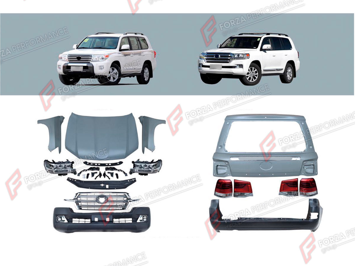 CONVERSION BODY KIT for TOYOTA LAND CRUISER 200 2007 - 2012 UPGRADE to LAND CRUISER 200 FACELIFT 2012 - 2016

Set includes:
Front Bumper Assembly
Front Grille
Headlights
Hood Bonnet
Fenders
Tail Lights
Rear Bumper Assembly

Material: Plastic

NOTE: Professional installation is required.
