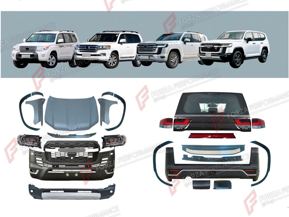 CONVERSION BODY KIT for TOYOTA LAND CRUISER 200 2007 - 2023 UPGRADE to LAND CRUISER 300 2021+ FORZA PERFORMANCE custom fit GR Style
Set includes:

Front Lip
Front Bumper Assembly
Front Grille
Headlights
Hood Bonnet
Fenders
Fender Flares
Tail Lights
Rear Bumper Assembly
Rear Diffuser
Material: Plastic

NOTE: Professional installation is required.