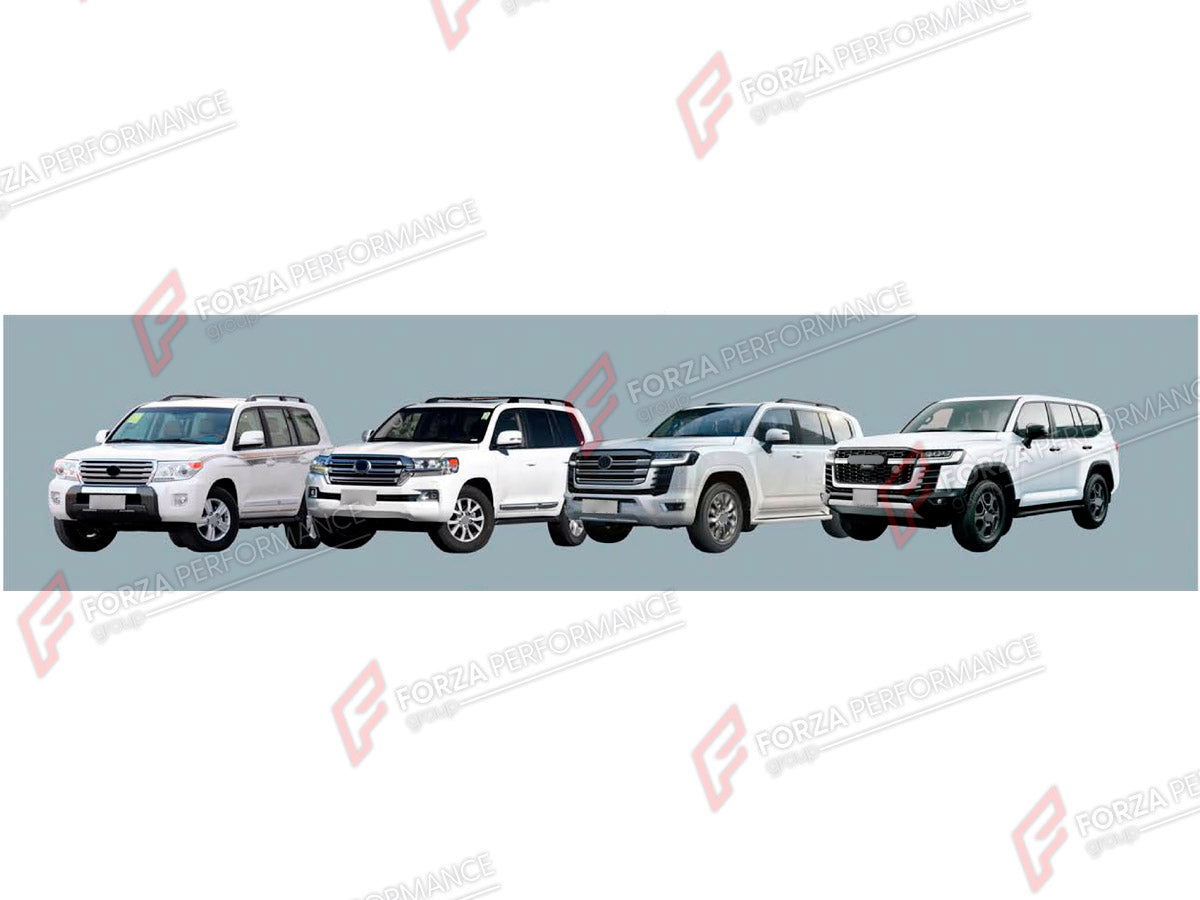 CONVERSION BODY KIT for TOYOTA LAND CRUISER 200 2007 - 2023 UPGRADE to LAND CRUISER 300 2021+ FORZA PERFORMANCE custom fit GR Style
Set includes:

Front Lip
Front Bumper Assembly
Front Grille
Headlights
Hood Bonnet
Fenders
Fender Flares
Tail Lights
Rear Bumper Assembly
Rear Diffuser
Material: Plastic

NOTE: Professional installation is required.