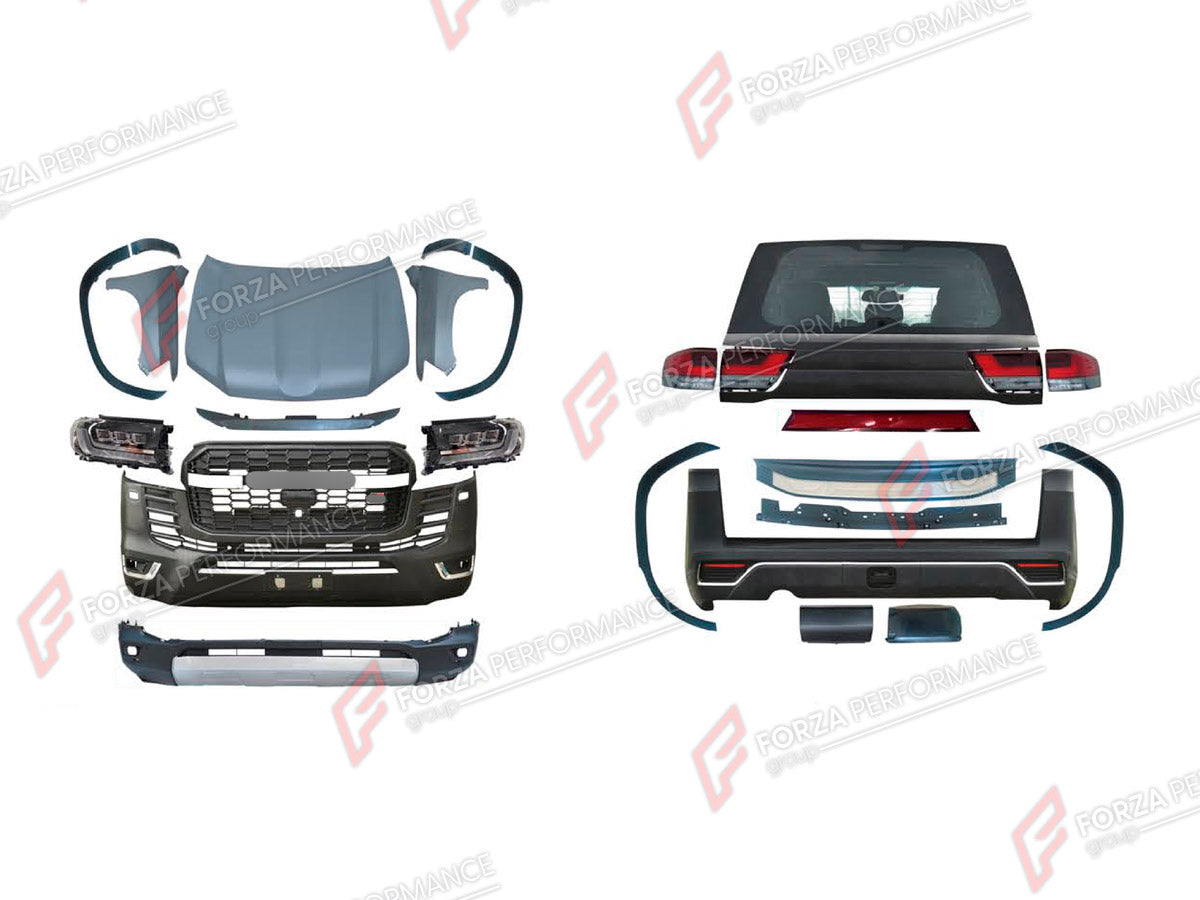 CONVERSION BODY KIT for TOYOTA LAND CRUISER 200 2007 - 2023 UPGRADE to LAND CRUISER 300 2021+ FORZA PERFORMANCE custom fit GR Style
Set includes:

Front Lip
Front Bumper Assembly
Front Grille
Headlights
Hood Bonnet
Fenders
Fender Flares
Tail Lights
Rear Bumper Assembly
Rear Diffuser
Material: Plastic

NOTE: Professional installation is required.