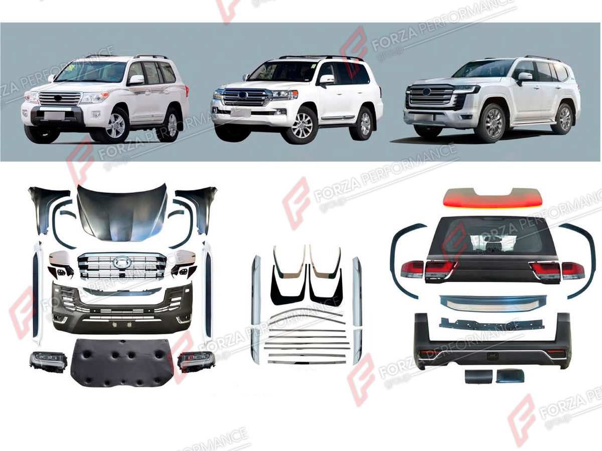 CONVERSION BODY KIT for TOYOTA LAND CRUISER 200 2007 - 2023 UPGRADE to LAND CRUISER 300 2021+ FORZA PERFORMANCE custom fit OEM Style
Set includes:

Front Lip
Front Bumper Assembly
Front Grille
Hood Bonnet
Fenders
Fender Flares
Side Mirror Covers
Side Skirts
Tail Lights
Rear Bumper Assembly
Rear Diffuser
Material: Plastic

NOTE: Professional installation is required.