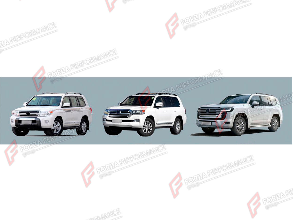 CONVERSION BODY KIT for TOYOTA LAND CRUISER 200 2007 - 2023 UPGRADE to LAND CRUISER 300 2021+ FORZA PERFORMANCE custom fit OEM Style
Set includes:

Front Lip
Front Bumper Assembly
Front Grille
Hood Bonnet
Fenders
Fender Flares
Side Mirror Covers
Side Skirts
Tail Lights
Rear Bumper Assembly
Rear Diffuser
Material: Plastic

NOTE: Professional installation is required.