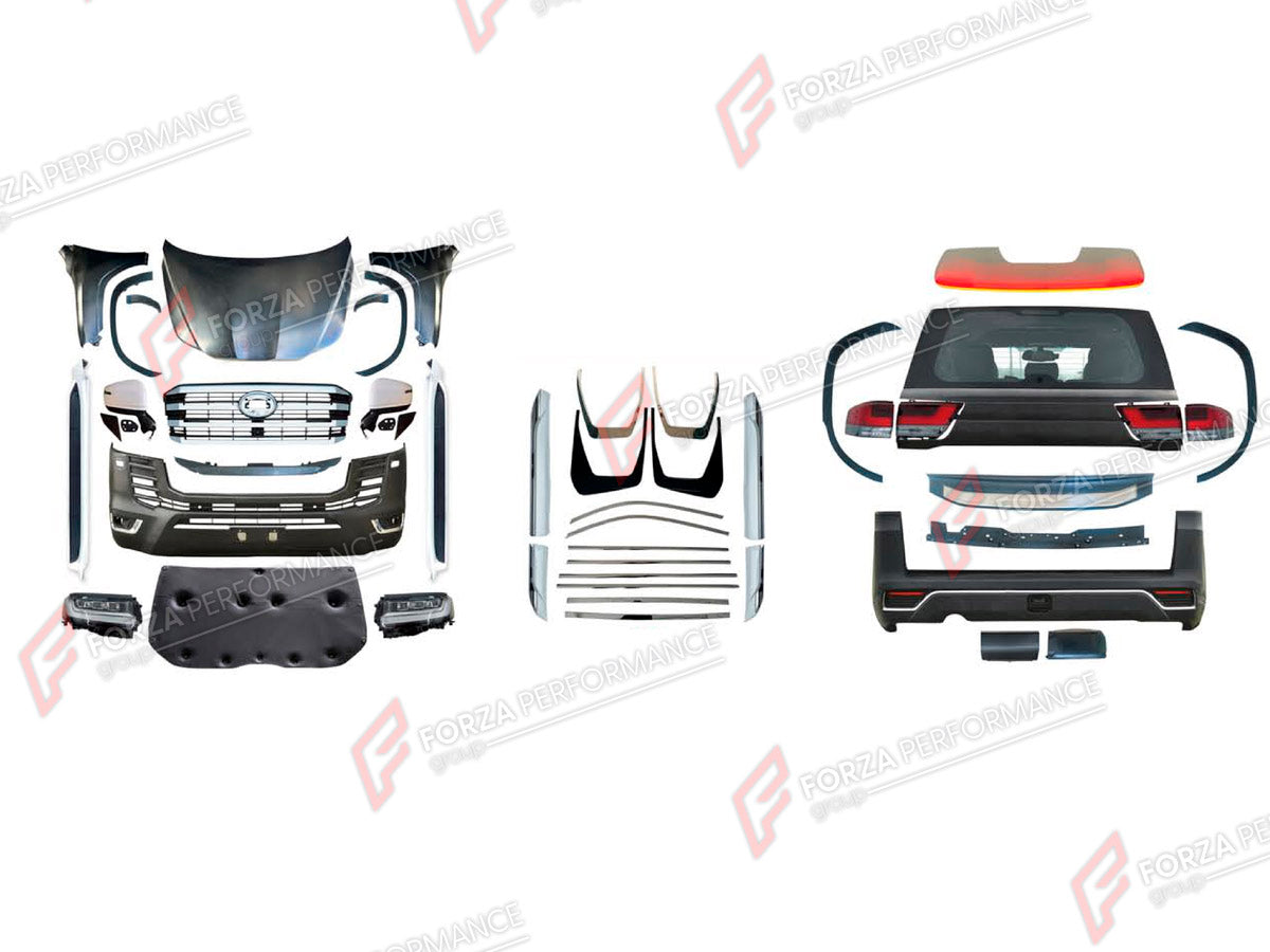 CONVERSION BODY KIT for TOYOTA LAND CRUISER 200 2007 - 2023 UPGRADE to LAND CRUISER 300 2021+ FORZA PERFORMANCE custom fit OEM Style
Set includes:

Front Lip
Front Bumper Assembly
Front Grille
Hood Bonnet
Fenders
Fender Flares
Side Mirror Covers
Side Skirts
Tail Lights
Rear Bumper Assembly
Rear Diffuser
Material: Plastic

NOTE: Professional installation is required.