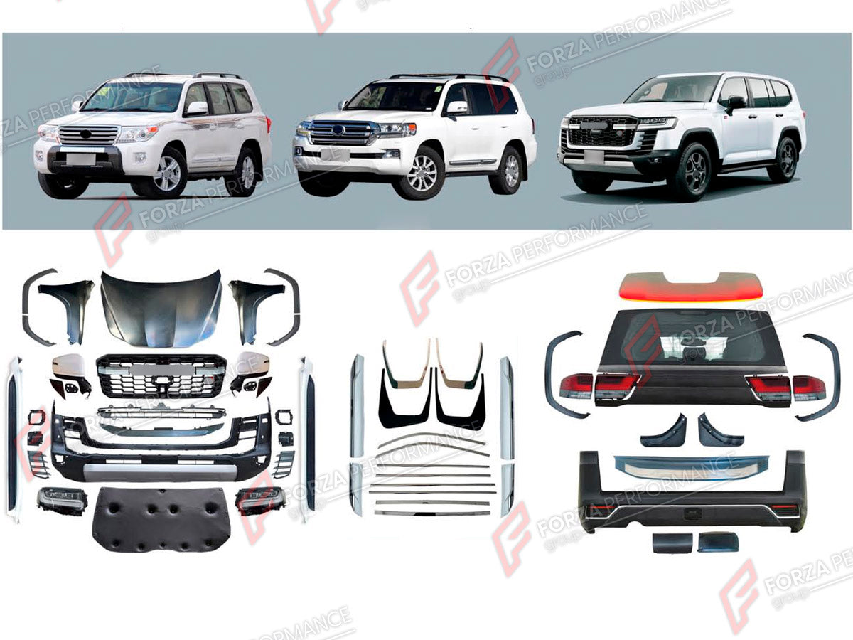 CONVERSION BODY KIT for TOYOTA LAND CRUISER 200 2007 - 2023 UPGRADE to LAND CRUISER 300 2021+ FORZA PERFORMANCE custom fit GR Sport Style
Set includes:

Front Lip
Front Bumper Assembly
Front Grille
Headlights
Hood Bonnet
Fenders
Fender Flares
Side Mirror Covers
Side Skirts
Tail Lights
Rear Bumper Assembly
Rear Diffuser
Exhaust Tips
Material: Plastic

NOTE: Professional installation is required.