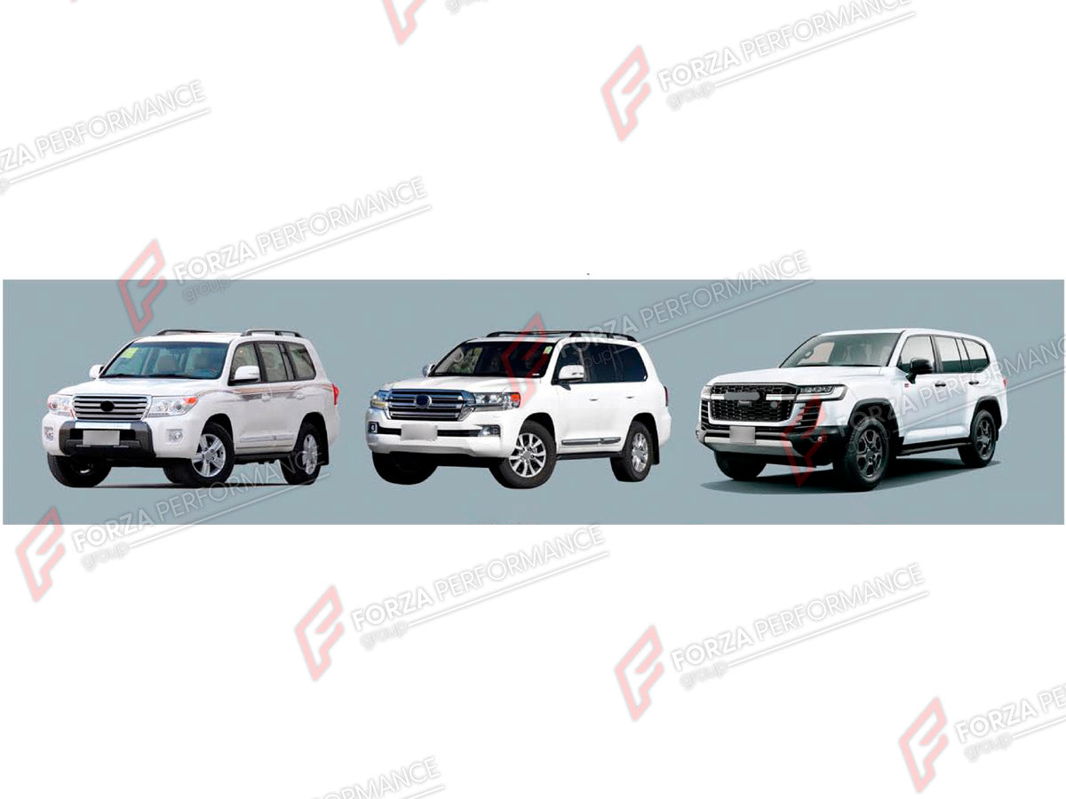 CONVERSION BODY KIT for TOYOTA LAND CRUISER 200 2007 - 2023 UPGRADE to LAND CRUISER 300 2021+ FORZA PERFORMANCE custom fit GR Sport Style
Set includes:

Front Lip
Front Bumper Assembly
Front Grille
Headlights
Hood Bonnet
Fenders
Fender Flares
Side Mirror Covers
Side Skirts
Tail Lights
Rear Bumper Assembly
Rear Diffuser
Exhaust Tips
Material: Plastic

NOTE: Professional installation is required.