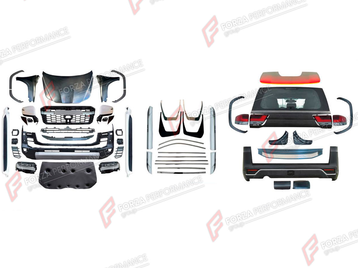 CONVERSION BODY KIT for TOYOTA LAND CRUISER 200 2007 - 2023 UPGRADE to LAND CRUISER 300 2021+ FORZA PERFORMANCE custom fit GR Sport Style
Set includes:

Front Lip
Front Bumper Assembly
Front Grille
Headlights
Hood Bonnet
Fenders
Fender Flares
Side Mirror Covers
Side Skirts
Tail Lights
Rear Bumper Assembly
Rear Diffuser
Exhaust Tips
Material: Plastic

NOTE: Professional installation is required.