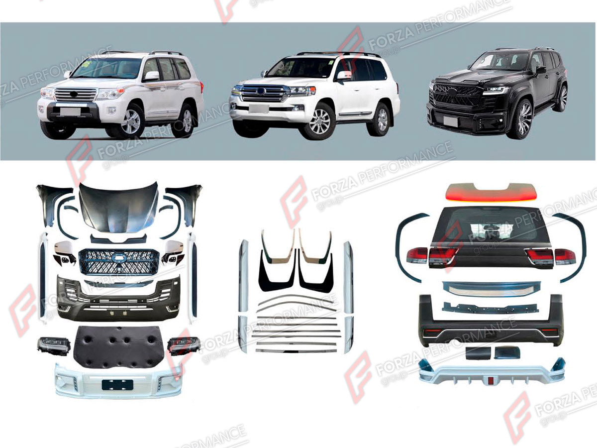CONVERSION BODY KIT for TOYOTA LAND CRUISER 200 2007 - 2023 UPGRADE to LAND CRUISER 300 2021+ FORZA PERFORMANCE custom fit OEM Style
Set includes:

Front Lip
Front Bumper Assembly
Front Grille
Hood Bonnet
Fenders
Fender Flares
Side Skirts
Side Mirror Covers
Rear Bumper Assembly
Rear Diffuser
Material: Plastic

NOTE: Professional installation is required.