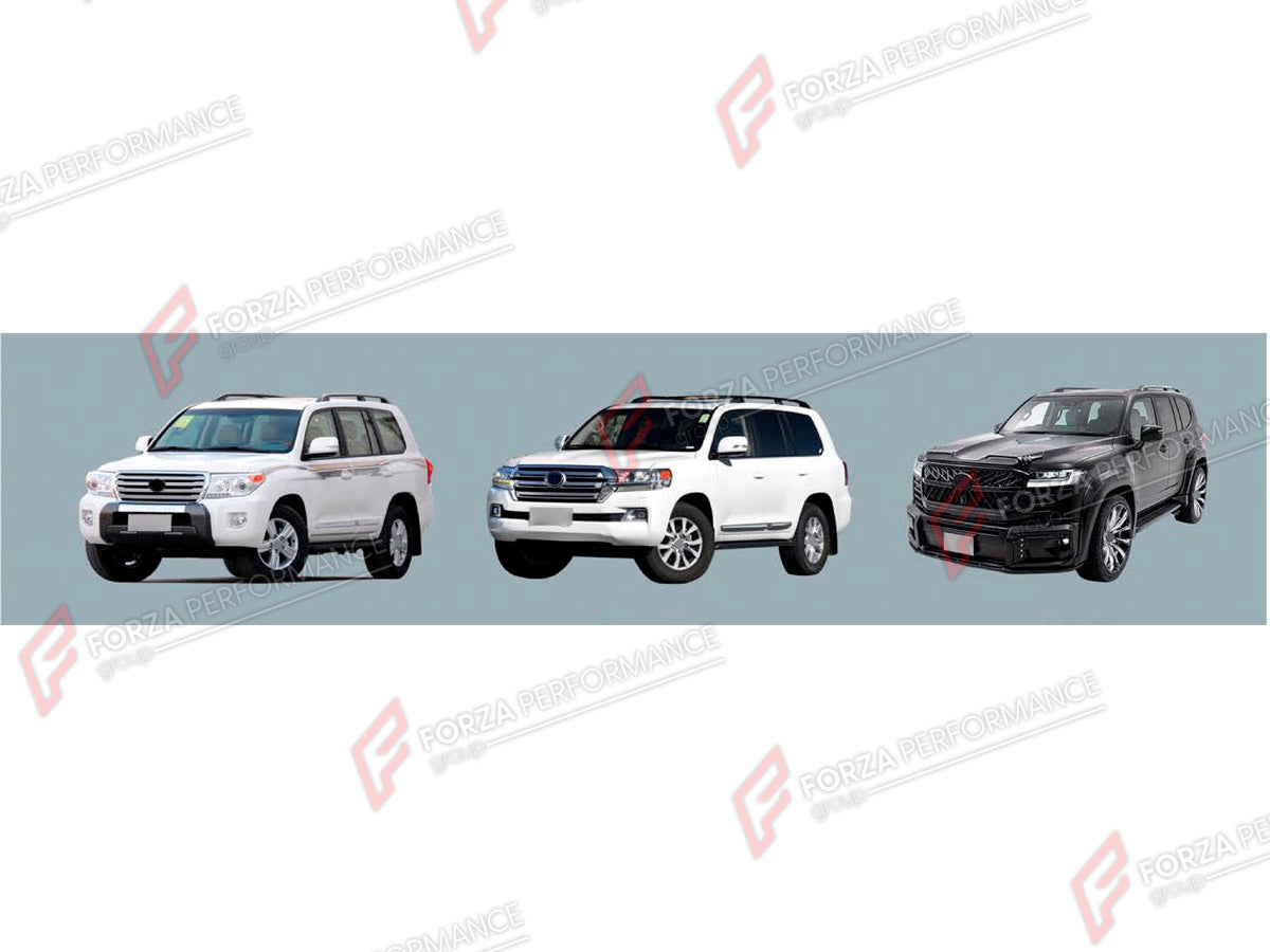 CONVERSION BODY KIT for TOYOTA LAND CRUISER 200 2007 - 2023 UPGRADE to LAND CRUISER 300 2021+ FORZA PERFORMANCE custom fit OEM Style
Set includes:

Front Lip
Front Bumper Assembly
Front Grille
Hood Bonnet
Fenders
Fender Flares
Side Skirts
Side Mirror Covers
Rear Bumper Assembly
Rear Diffuser
Material: Plastic

NOTE: Professional installation is required.