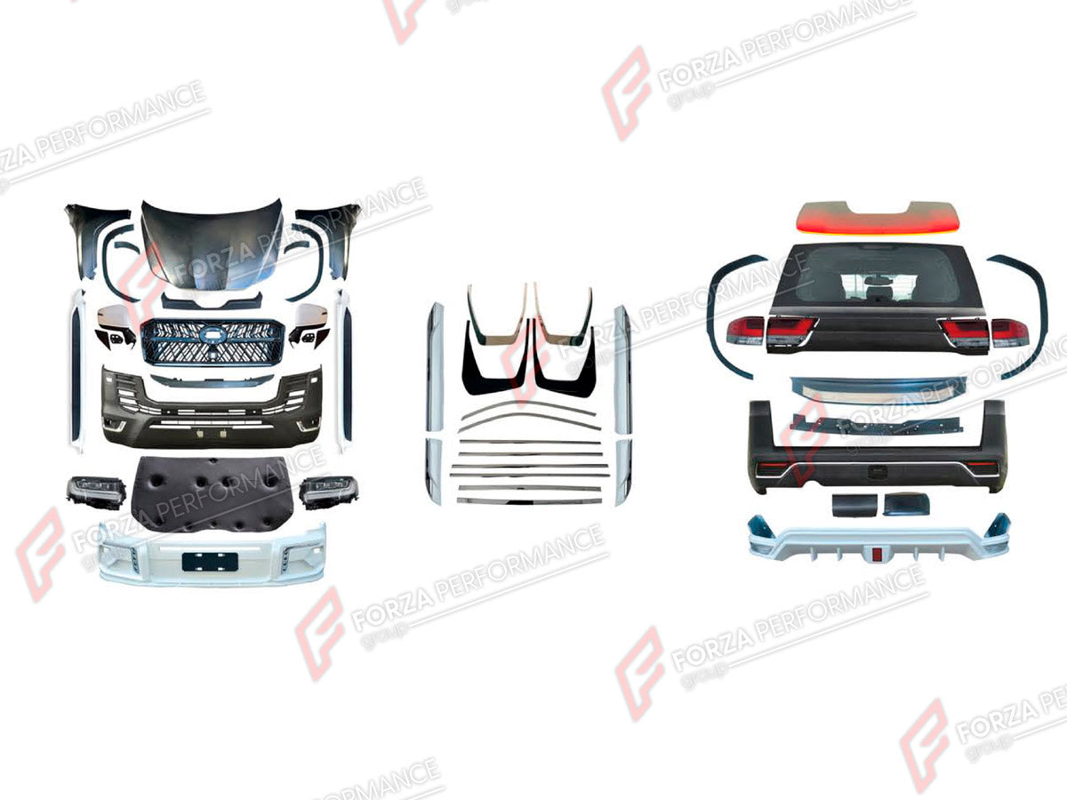 CONVERSION BODY KIT for TOYOTA LAND CRUISER 200 2007 - 2023 UPGRADE to LAND CRUISER 300 2021+ FORZA PERFORMANCE custom fit OEM Style
Set includes:

Front Lip
Front Bumper Assembly
Front Grille
Hood Bonnet
Fenders
Fender Flares
Side Skirts
Side Mirror Covers
Rear Bumper Assembly
Rear Diffuser
Material: Plastic

NOTE: Professional installation is required.
