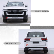 Toyota Land Cruiser 200 body kit convert to LC 300 GR Style model

Set includes:

Front bumper
Front headlights
Front grille
Hood
Side fenders flares
Rear lights
Rear bumper
Rear trunk lid
Material: FRP fiberglass

Note: Professional installation is required.