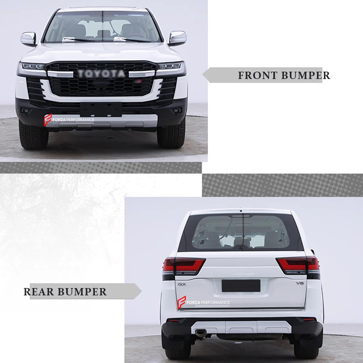 Toyota Land Cruiser 200 body kit convert to LC 300 GR Style model

Set includes:

Front bumper
Front headlights
Front grille
Hood
Side fenders flares
Rear lights
Rear bumper
Rear trunk lid
Material: FRP fiberglass

Note: Professional installation is required.
