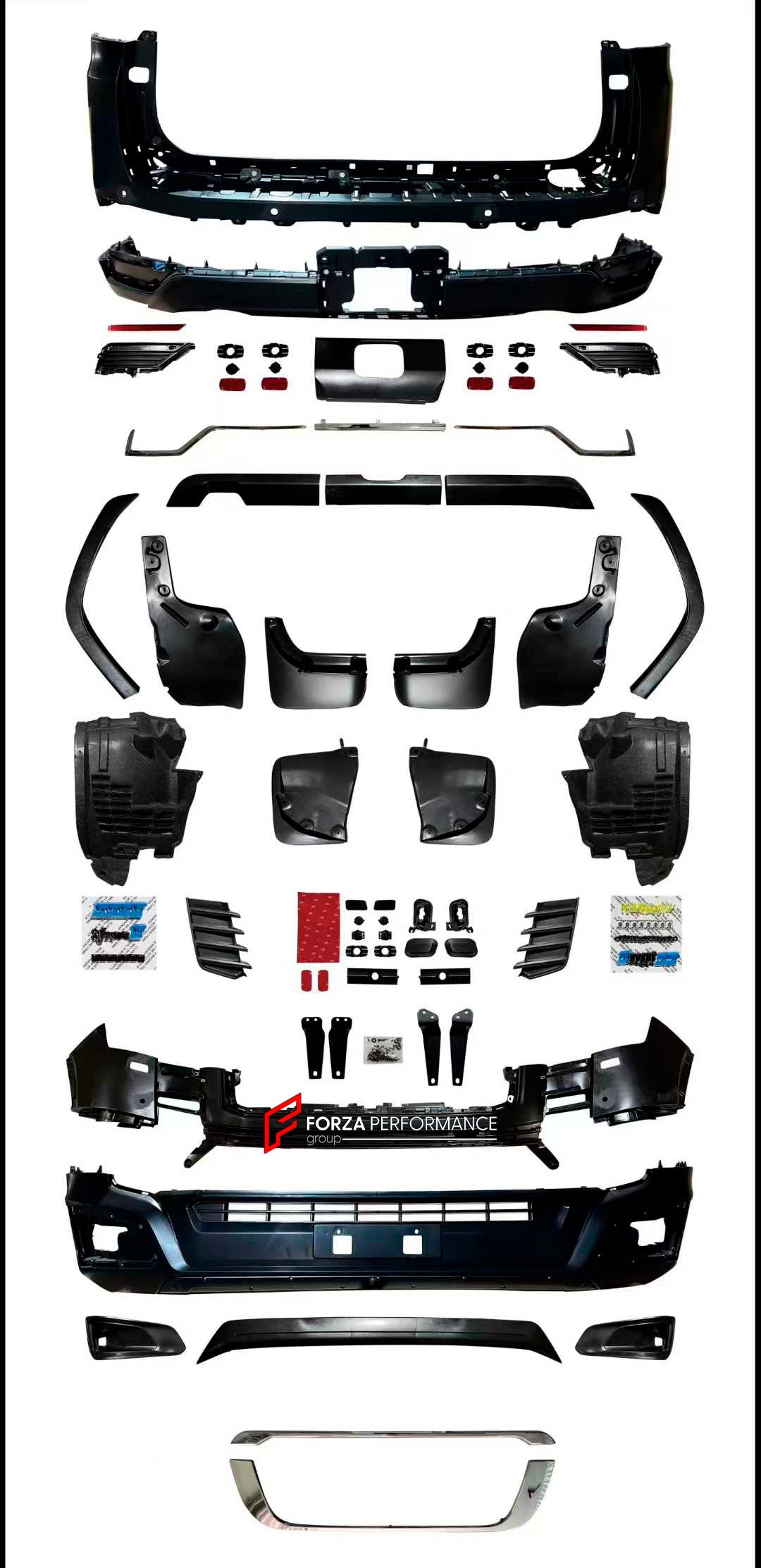 CONVERSION BODY KIT for TOYOTA LAND CRUISER 300 SERIES LC300 TLC300 J300 2022 - 2025 upgrade to LAND CRUISER 300 SERIES 2026+ FACELIFT

Set includes:

Front Bumper Assembly
Front Lip
Front Fender Flares
Mudflaps
Skid Plates
Side Fenders
Rear Bumper Assembly
Rear Diffuser

Material: Plastic