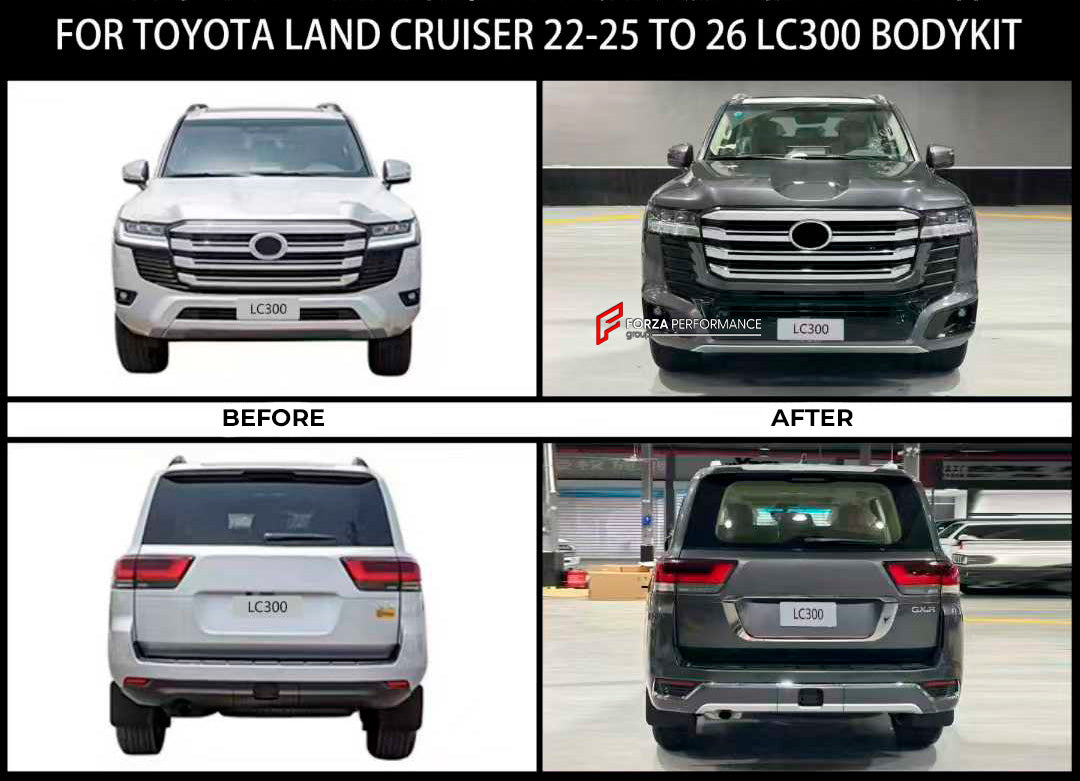 CONVERSION BODY KIT for TOYOTA LAND CRUISER 300 SERIES LC300 TLC300 J300 2022 - 2025 upgrade to LAND CRUISER 300 SERIES 2026+ FACELIFT

Set includes:

Front Bumper Assembly
Front Lip
Front Fender Flares
Mudflaps
Skid Plates
Side Fenders
Rear Bumper Assembly
Rear Diffuser

Material: Plastic