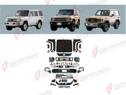 CONVERSION UPGRADE FACELIFT OLD TO NEW BODY KIT for Toyota Land Cruiser 76 2008 - 2023 to Land Cruiser 76 2024+
Set includes:

Front Lip
Front Bumper Assembly
Front Grille
Hood Bonnet
Side Mirror Covers
Front Fenders
Rear Bumper Assembly
Material: Plastic

NOTE: Professional installation is required.