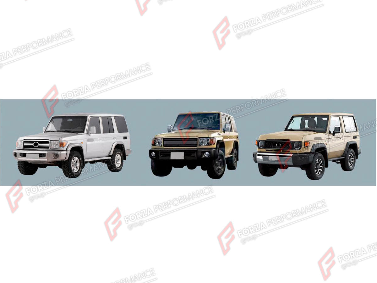 CONVERSION UPGRADE FACELIFT OLD TO NEW BODY KIT for Toyota Land Cruiser 76 2008 - 2023 to Land Cruiser 76 2024+
Set includes:

Front Lip
Front Bumper Assembly
Front Grille
Hood Bonnet
Side Mirror Covers
Front Fenders
Rear Bumper Assembly
Material: Plastic

NOTE: Professional installation is required.