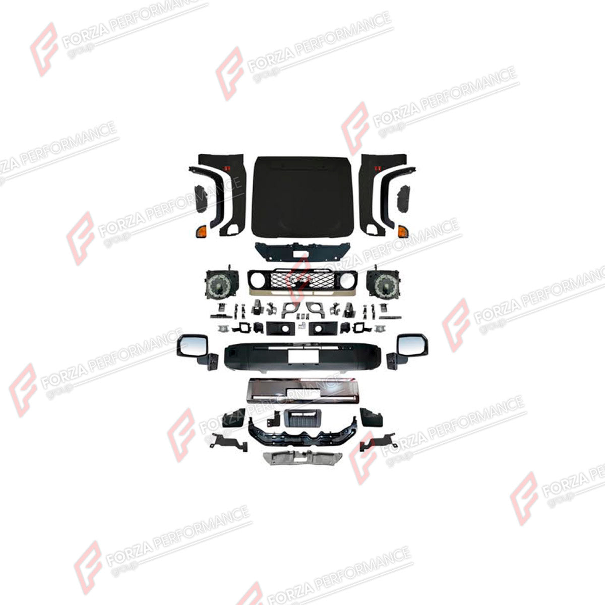 CONVERSION UPGRADE FACELIFT OLD TO NEW BODY KIT for Toyota Land Cruiser 76 2008 - 2023 to Land Cruiser 76 2024+
Set includes:

Front Lip
Front Bumper Assembly
Front Grille
Hood Bonnet
Side Mirror Covers
Front Fenders
Rear Bumper Assembly
Material: Plastic

NOTE: Professional installation is required.