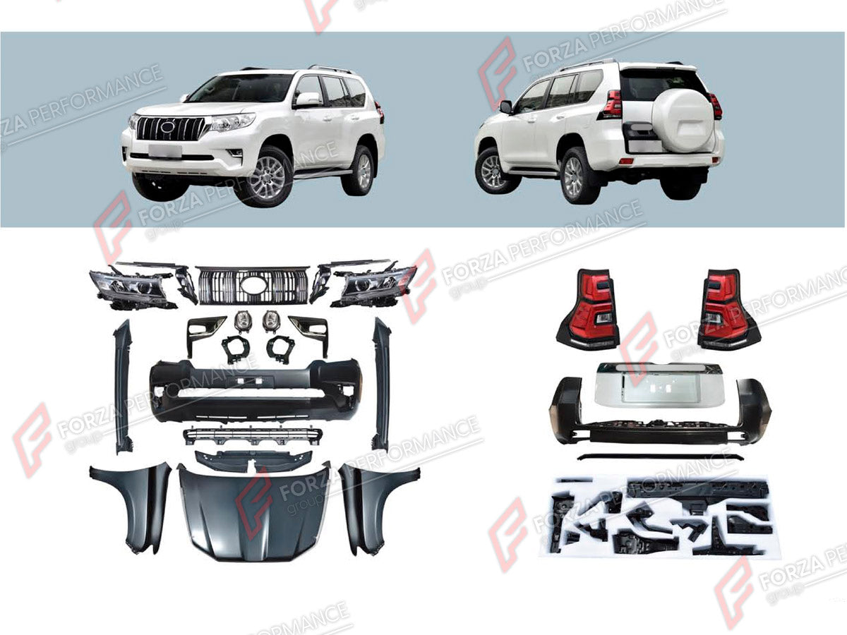 CONVERSION UPGRADE FACELIFT OLD TO NEW BODY KIT for Toyota Land Cruiser Prado 150 2009 - 2016 to Land Cruiser Prado 150 Facelift 2017 - 2024
Set includes:

Front Bumper Assembly
Front Grille
Headlights
Hood Bonnet
Front Fenders
Side Skirts
Tail Lights
Rear Bumper Assembly
Material: Plastic

NOTE: Professional installation is required.