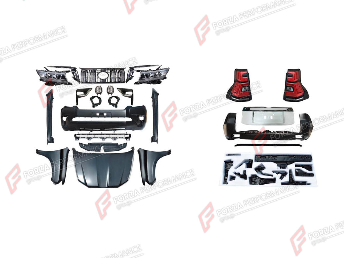 CONVERSION UPGRADE FACELIFT OLD TO NEW BODY KIT for Toyota Land Cruiser Prado 150 2009 - 2016 to Land Cruiser Prado 150 Facelift 2017 - 2024
Set includes:

Front Bumper Assembly
Front Grille
Headlights
Hood Bonnet
Front Fenders
Side Skirts
Tail Lights
Rear Bumper Assembly
Material: Plastic

NOTE: Professional installation is required.