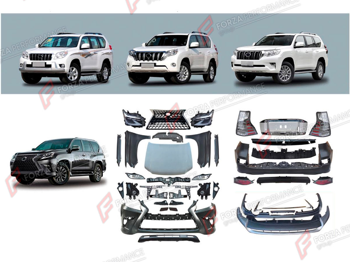 CONVERSION UPGRADE FACELIFT OLD TO NEW BODY KIT for Toyota Land Cruiser Prado 150 2009 - 2018 to Lexus GX400 J150 Facelift 2020 - 2023
Set includes:

Front Lip
Front Bumper Assembly
Front Grille
Headlights
Hood Bonnet
Front Fenders
Side Skirts
Tail Lights
Rear Bumper Assembly
Material: Plastic

NOTE: Professional installation is required.