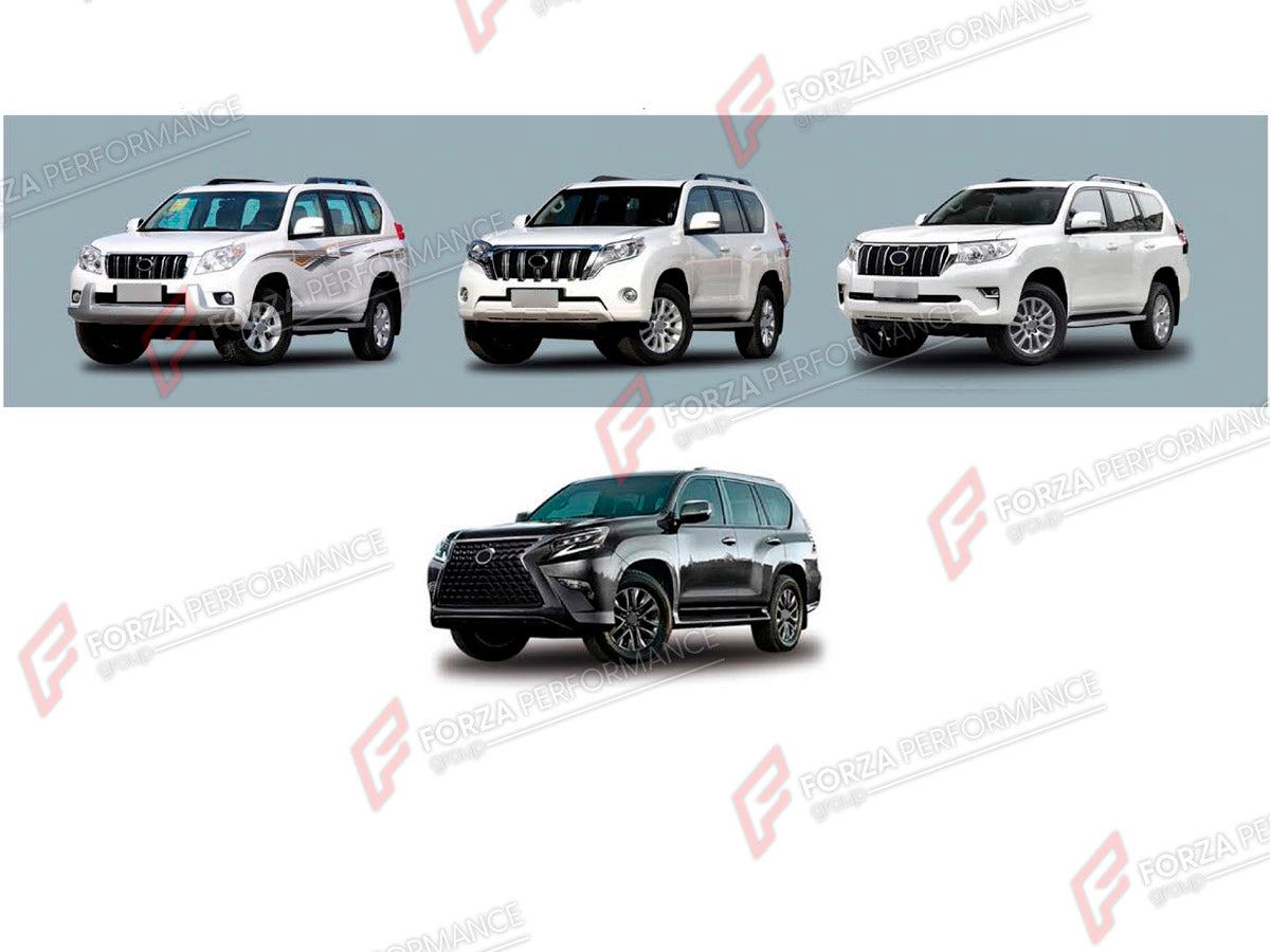 CONVERSION UPGRADE FACELIFT OLD TO NEW BODY KIT for Toyota Land Cruiser Prado 150 2009 - 2018 to Lexus GX400 J150 Facelift 2020 - 2023
Set includes:

Front Lip
Front Bumper Assembly
Front Grille
Headlights
Hood Bonnet
Front Fenders
Side Skirts
Tail Lights
Rear Bumper Assembly
Material: Plastic

NOTE: Professional installation is required.