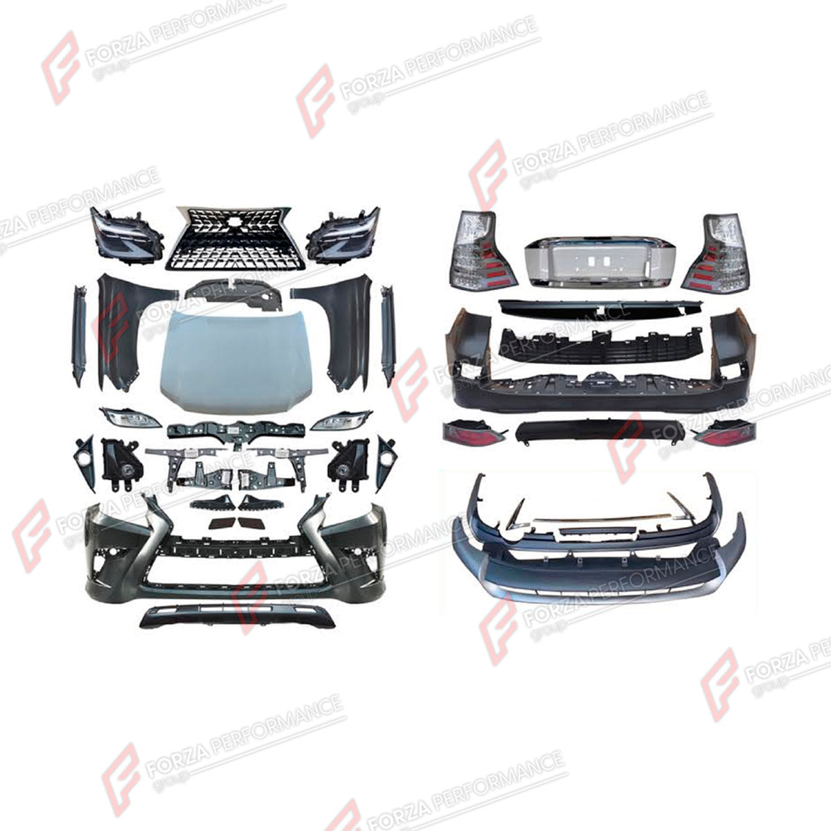 CONVERSION UPGRADE FACELIFT OLD TO NEW BODY KIT for Toyota Land Cruiser Prado 150 2009 - 2018 to Lexus GX400 J150 Facelift 2020 - 2023
Set includes:

Front Lip
Front Bumper Assembly
Front Grille
Headlights
Hood Bonnet
Front Fenders
Side Skirts
Tail Lights
Rear Bumper Assembly
Material: Plastic

NOTE: Professional installation is required.