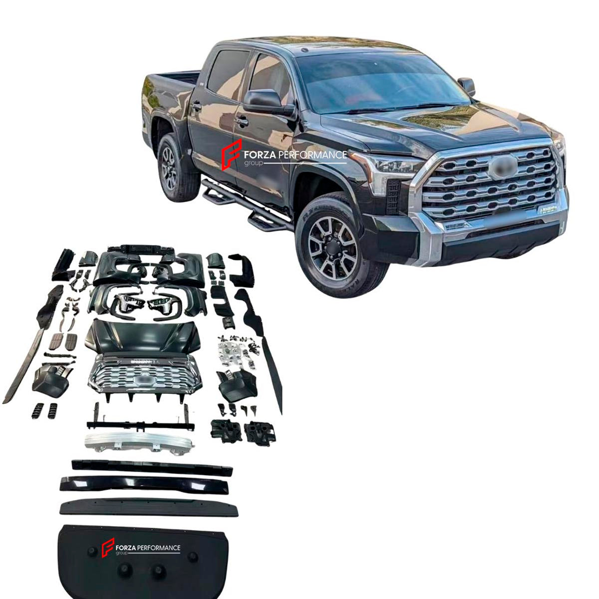 CONVERSION TOYOTA TUNDRA XK70 WIDE BODY KIT for TOYOTA TUNDRA XK50 2007 - 2021
Set includes:

Front Bumper Assembly
Hood Bonnet
Headlights
Tail Lights
Side Fenders
Fender Flares
Side Steps
Material: PP + Steel

NOTE: Professional installation is required.