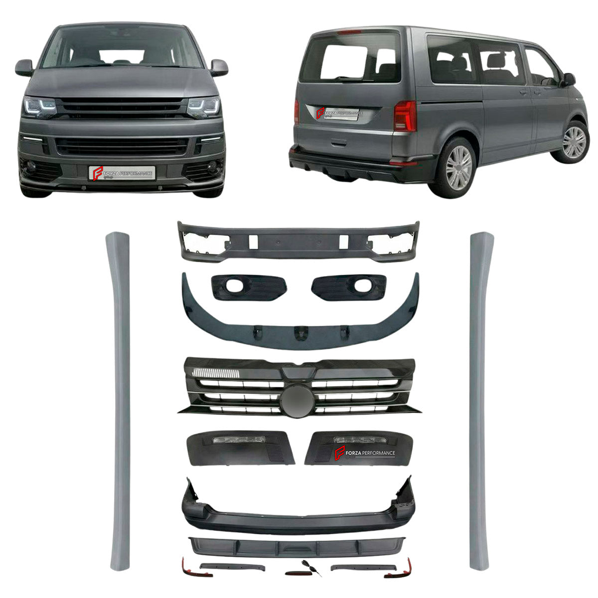 CONVERSION UPGRADE FACELIFT OLD TO NEW BODY KIT for Volkswagen Multivan T5.1 Facelift 2010 - 2015 to Transporter T5.1 Facelift 2010 - 2015
Set includes:

Front Lip
Front Bumper
Side Skirts
Rear Diffuser
Rear Bumper
Material: Plastic

NOTE: Professional installation is required.