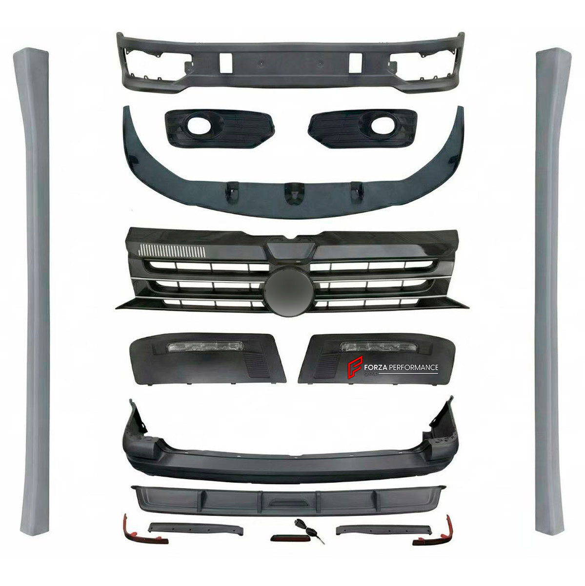 CONVERSION UPGRADE FACELIFT OLD TO NEW BODY KIT for Volkswagen Multivan T5.1 Facelift 2010 - 2015 to Transporter T5.1 Facelift 2010 - 2015
Set includes:

Front Lip
Front Bumper
Side Skirts
Rear Diffuser
Rear Bumper
Material: Plastic

NOTE: Professional installation is required.