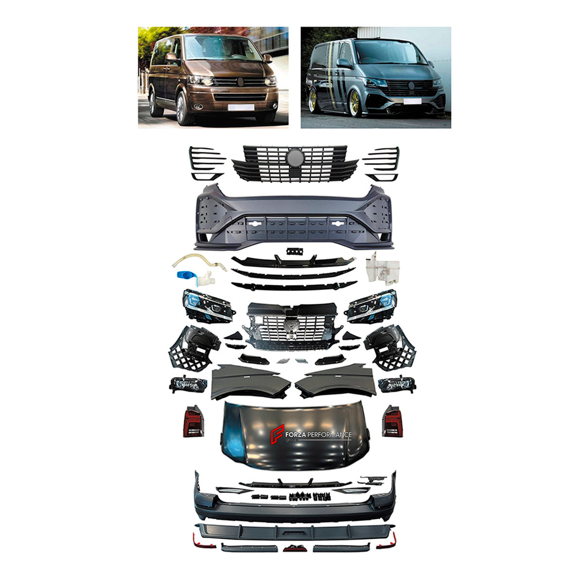 CONVERSION UPGRADE FACELIFT OLD TO NEW BODY KIT for Volkswagen Multivan T5.1 2010 - 2015 to Multivan T6.1 2019 - 2024
Set includes:

Front Lip
Front Bumper Assembly
Front Grille
Hood Bonnet
Fenders
Rear Bumper Assembly
Rear Diffuser
Material: Plastic

NOTE: Professional installation is required.
