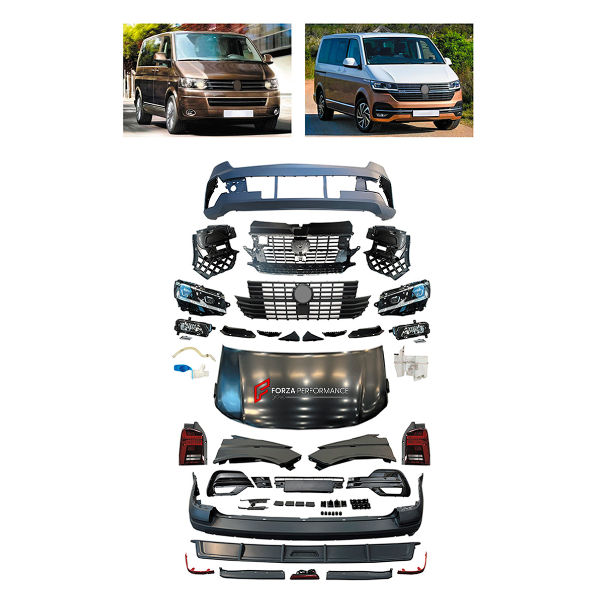 CONVERSION UPGRADE FACELIFT OLD TO NEW BODY KIT for Volkswagen Multivan T5.1 2010 - 2015 to Caravelle T6.1 2019 - 2024
Set includes:

Front Lip
Front Bumper Assembly
Front Grille
Hood Bonnet
Fenders
Rear Bumper Assembly
Rear Diffuser
Material: Plastic

NOTE: Professional installation is required.


