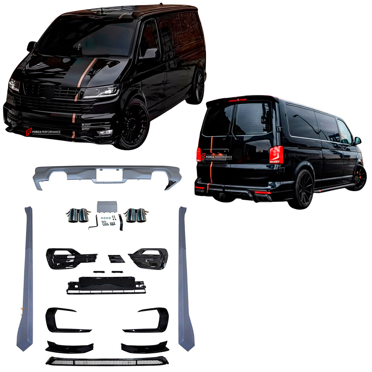 CONVERSION UPGRADE FACELIFT OLD TO NEW BODY KIT for Volkswagen Multivan T6.1 Facelift 2019 - 2024 to Transporter T6.1 Facelift 2019 - 2024
Set includes:

Front Lower Bumper
Side Skirts
Rear Diffuser
Exhaust Tips
Material: Plastic

NOTE: Professional installation is required.