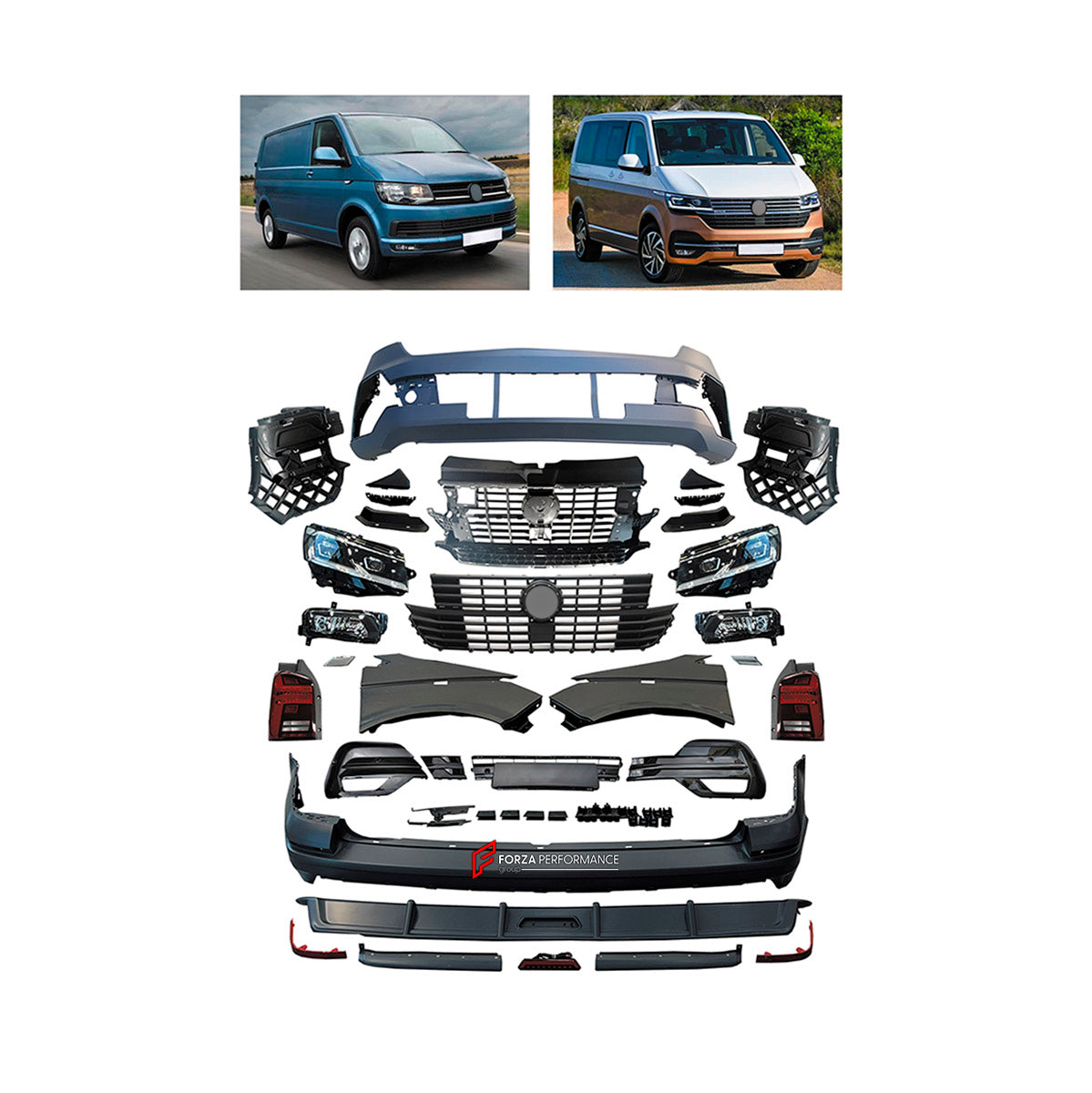 CONVERSION UPGRADE FACELIFT OLD TO NEW BODY KIT for Volkswagen Multivan T6 2015 - 2019 to Caravelle T6.1 2019 - 2024
Set includes:

Front Lip
Front Bumper Assembly
Front Grille
Fenders
Rear Bumper Assembly
Rear Diffuser
Material: Plastic

NOTE: Professional installation is required.