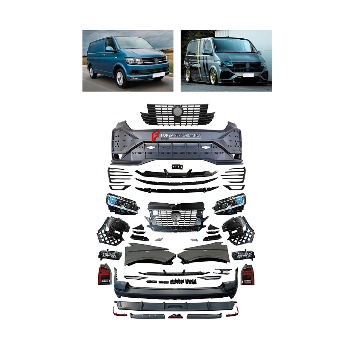 CONVERSION UPGRADE FACELIFT OLD TO NEW BODY KIT for Volkswagen Multivan T6 2015 - 2019 to Multivan T6.1 2019 - 2024
Set includes:

Front Lip
Front Bumper Assembly
Front Grille
Fenders
Rear Bumper Assembly
Rear Diffuser
Material: Plastic

NOTE: Professional installation is required.